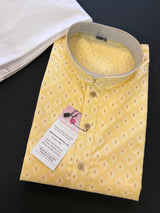 Yellow Color Pure Cotton Kurta Pajama Set for Men with Self design Buttis | Pure Cotton Men Kurta | Haldi Kurta - Kaash