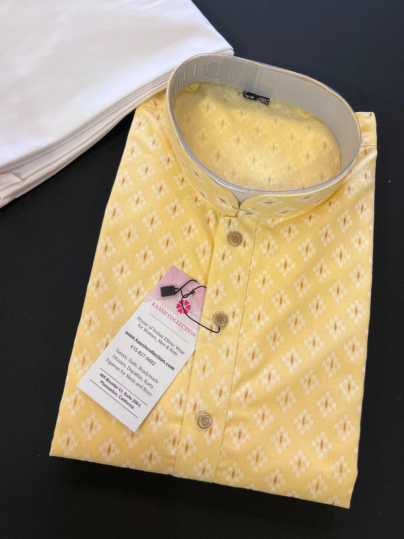 Yellow Color Pure Cotton Kurta Pajama Set for Men with Self design Buttis | Pure Cotton Men Kurta | Haldi Kurta - Kaash