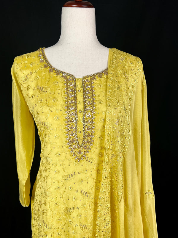 Yellow Color Salwar Kameez | Readymade Salwar Kameez in Yellow Color with Pant - 3pcs Women Suit with Handwork - Kaash
