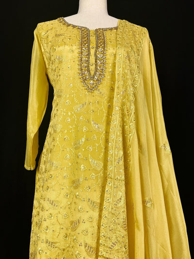 Yellow readymade salwar kameez for women — soft silk kameez, pant bottom, chiffon dupatta — Kaash Collection
