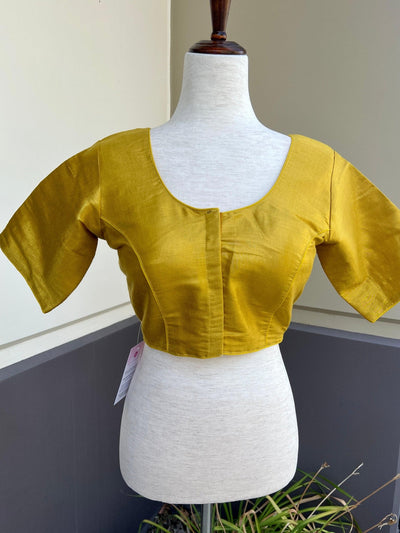 Yellow Gold Tissue Silk ready-to-wear blouse with multi-color hand embroidery on back — Kaash Collection
