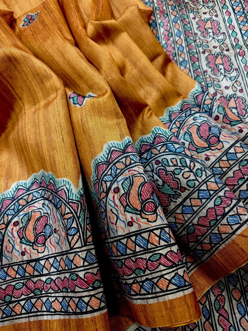 Yellow Gold Semi-Tussar Silk with Madhubani Prints Sarees - Kaash