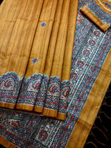 Yellow Gold Semi-Tussar Silk with Madhubani Prints Sarees - Kaash
