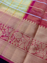 Yellow Gold Tissue Silk Saree with Hot Pink Banarasi Border, Zari Checks - Kaash