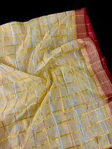 Yellow Gold Tissue Silk Saree with Hot Pink Banarasi Border, Zari Checks - Kaash
