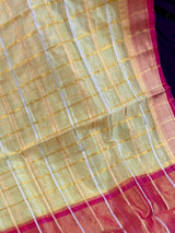 Yellow Gold Tissue Silk Saree with Hot Pink Banarasi Border, Zari Checks - Kaash