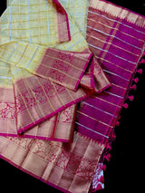 Yellow Gold Tissue Silk Saree with Hot Pink Banarasi Border, Zari Checks - Kaash