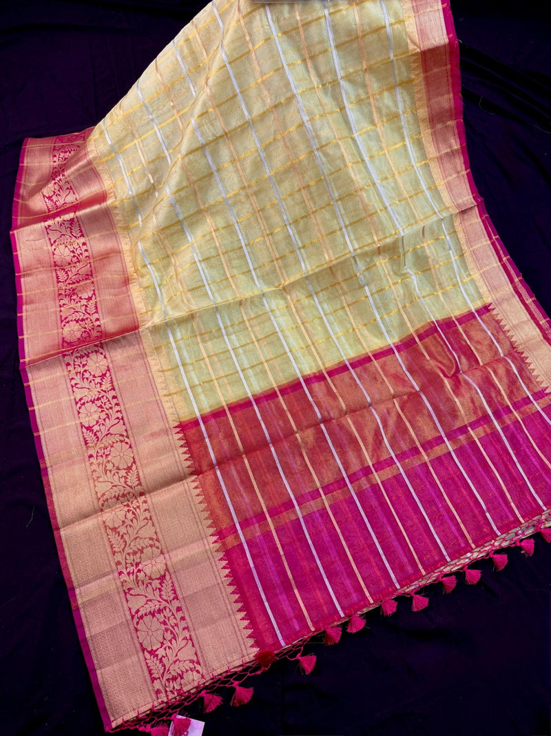 Yellow Gold Tissue Silk Saree with Hot Pink Banarasi Border, Zari Checks - Kaash
