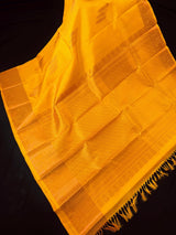 Yellow pure kanjivaram kanchipuram silk saree with muted copper zari weave — Kaash Collection