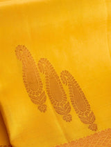 Yellow pure kanjivaram kanchipuram silk saree with muted copper zari weave — Kaash Collection
