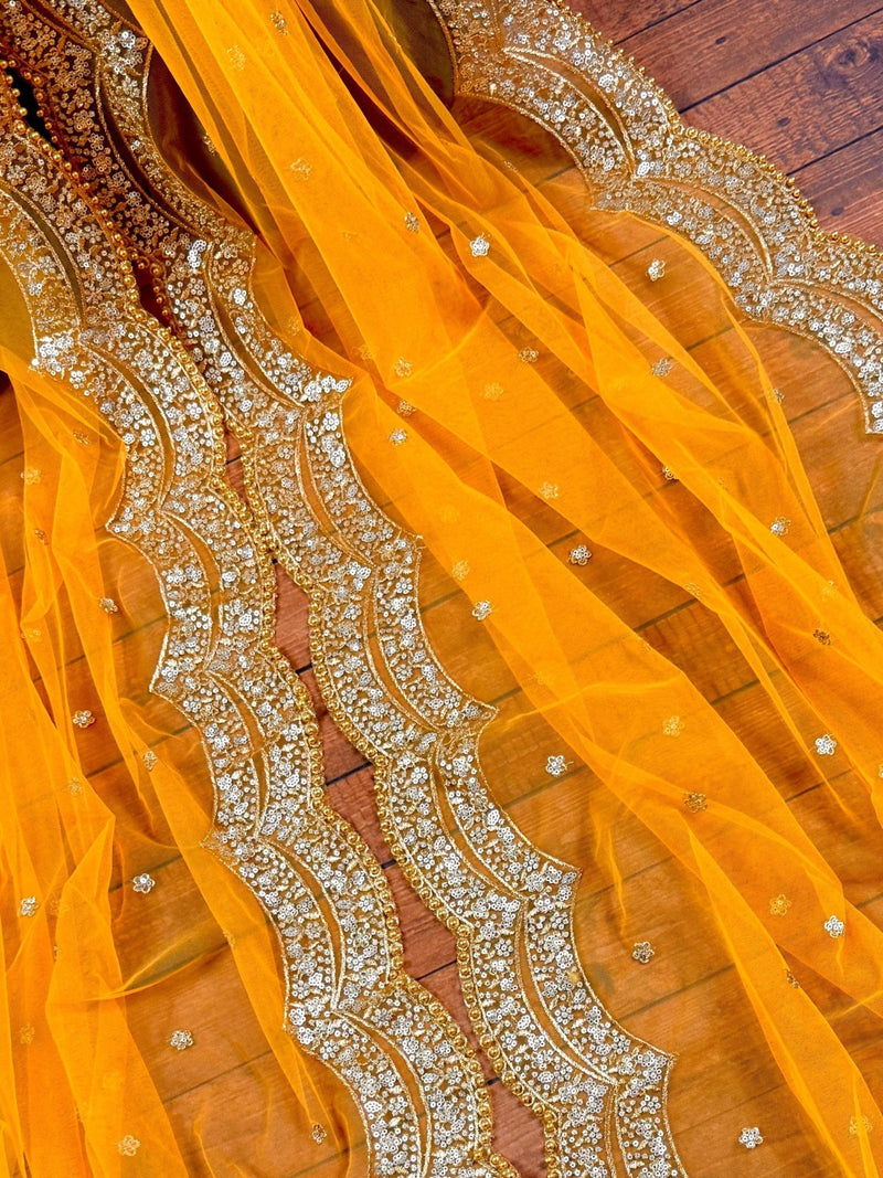 Yellow net dupatta with gold zari, sequin & beads — Kaash Collection