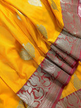 Yellow with Pink combination Traditional Banarasi Semi Katan Handloom Saree with Lotus Borders - Kaash