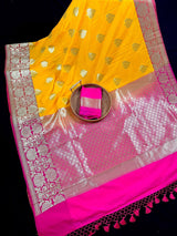 Yellow with Pink combination Traditional Banarasi Semi Katan Handloom Saree with Lotus Borders - Kaash