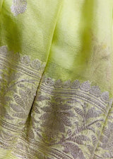 Apple Green Pure Chiffon Silk  Saree with Sliver Zari and Floral Digital Prints | SILK MARK CERTIFIED