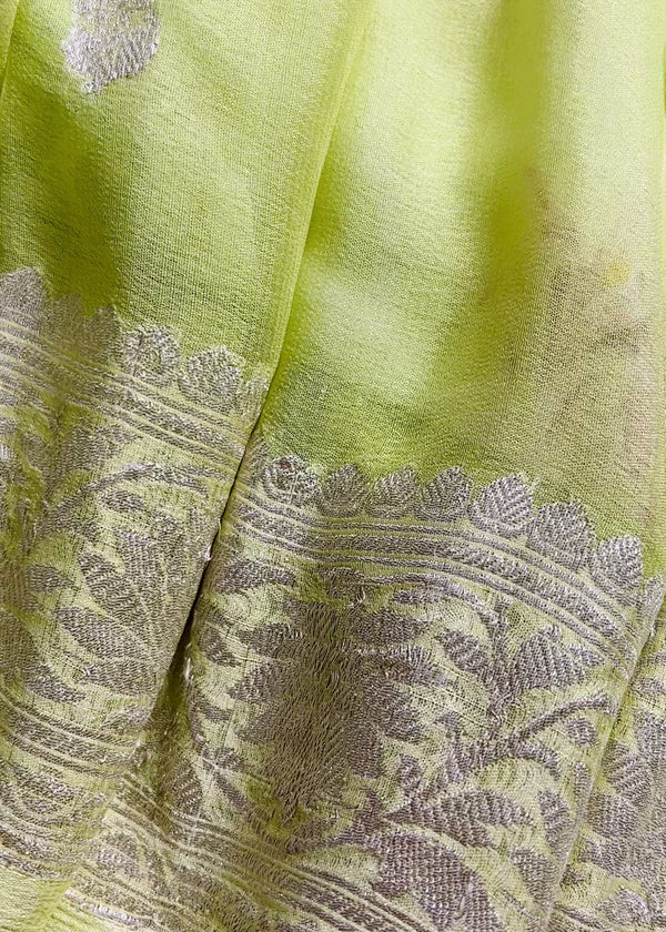 Apple Green Pure Chiffon Silk  Saree with Sliver Zari and Floral Digital Prints | SILK MARK CERTIFIED