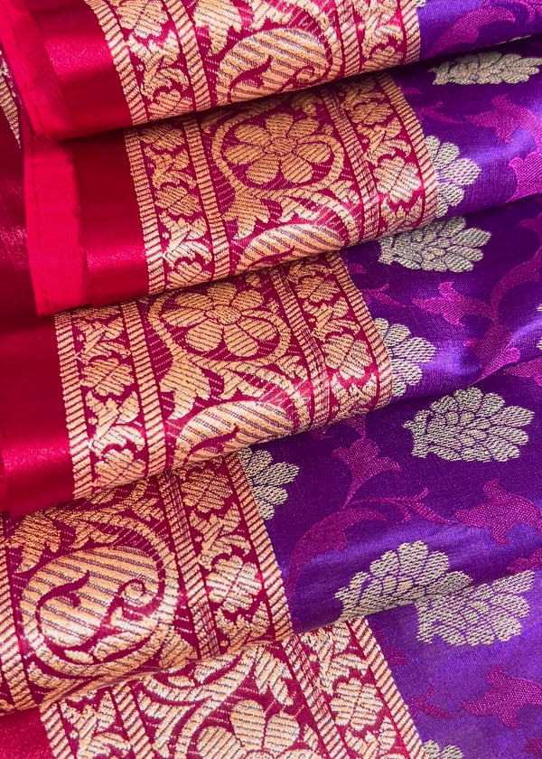Purple with Red borders Banarasi Tanchoi Silk Handloom Saree | Zari Weaving with Motifs | Half and Half Saree | Kaash Collection