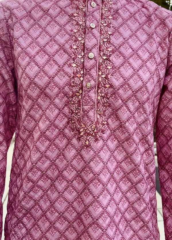 Chikankari Embroidery Mauve Pink Kurta for Men | Mirror Work & Block Prints | Kurta Pajama Set in USA | Ships from California | Kaash Kurtas