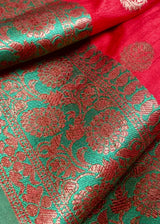 Red with Green Combination Semi-Tussar Silk Saree With Antique Zari Weaving Work | | Kaash Collection