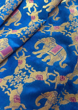 Royal Blue with Peach Traditional Banarasi Handloom Semi Silk Saree with Elephant and Horse Motifs  | Banarasi Silk Saree | Kaash Collection