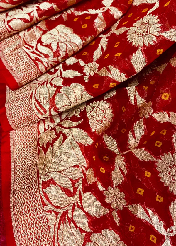 Pure Banarasi Silk mark certified Georgette Bandhej Bandhani Saree in Red and Orange