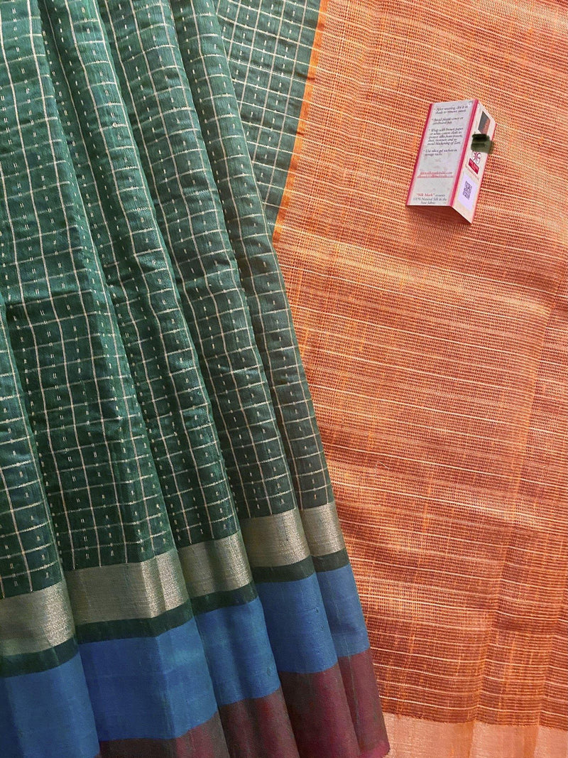 Bottle Green Pure Raw Silk Saree with Zari Weaving | SILK MARK CERTIFIED | Handloom Saree |  Kaash Collection - Kaash Collection