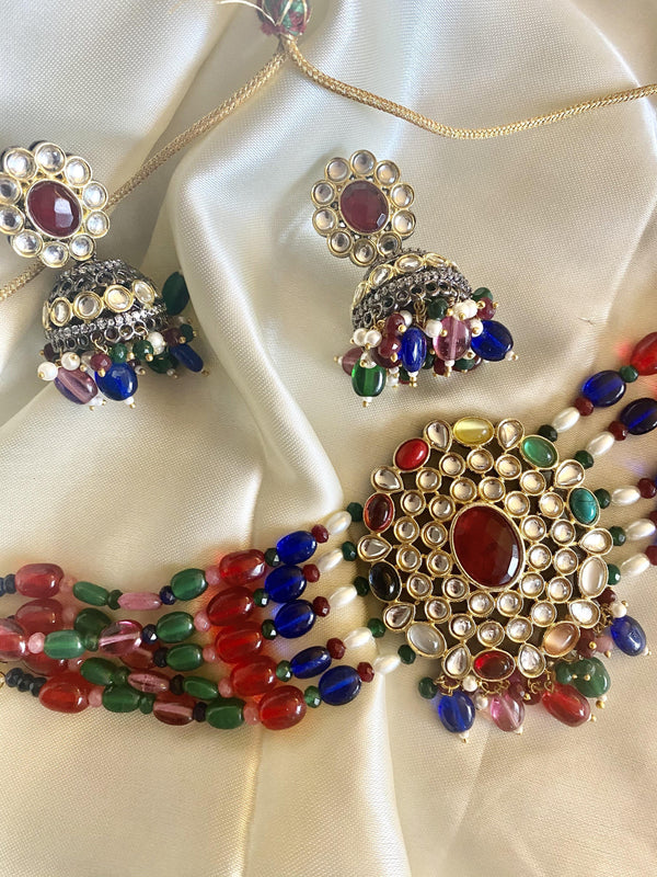 Navrathan Necklace/Chokar Set | Indian Pakistani Jewelry Set | Kundan jewelry | Chokar Kundan Set | Free Shipping | Kaash Collection - Kaash Collection