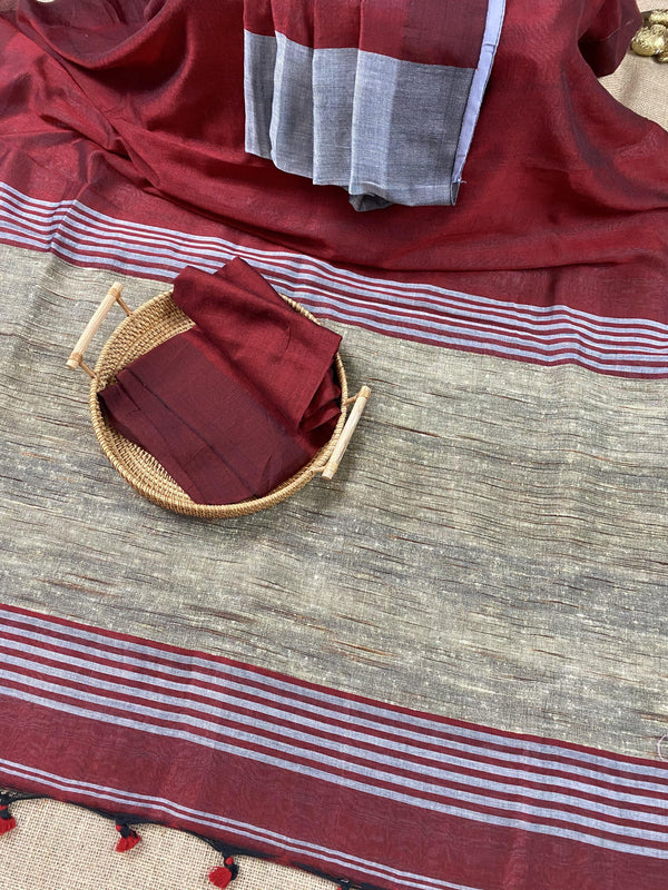 Grey & Maroon Linen Double Tone Saree with Ghicha Pallu | Handloom Sarees | Kaash Collection - Kaash Collection