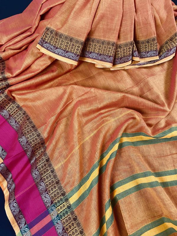 Apricot Color Handloom Cotton Saree | Pink Borders with Elephant Figures | Cotton Sarees | Kaash Collection - Kaash Collection
