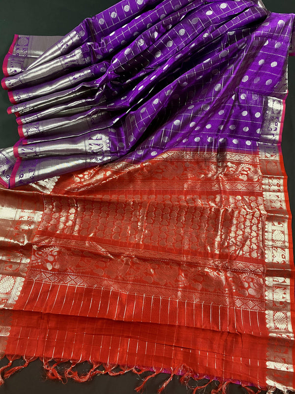 Pure Kanchi Kuppadam Pattu Saree in Eggplant Purple with red color combination in Sliver Zari Weaving | Big Border Saree | Kaash Collection - Kaash Collection