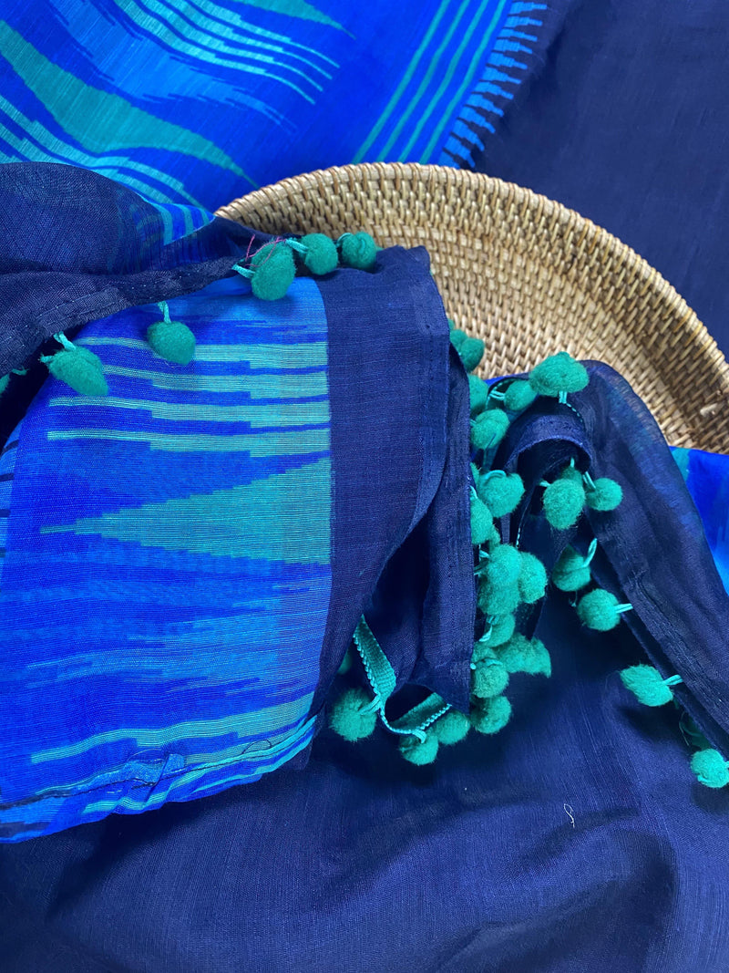 Navy Blue Cotton Silk Saree with green Pompom | Cotton Sarees | Light Weight Saree | Gift for Her | Kaash Collection - Kaash Collection