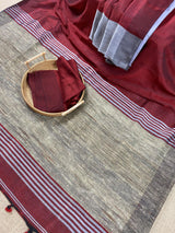 Grey & Maroon Linen Double Tone Saree with Ghicha Pallu | Handloom Sarees | Kaash Collection - Kaash Collection