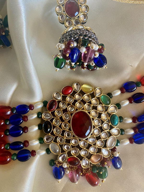 Navrathan Necklace/Chokar Set | Indian Pakistani Jewelry Set | Kundan jewelry | Chokar Kundan Set | Free Shipping | Kaash Collection - Kaash Collection