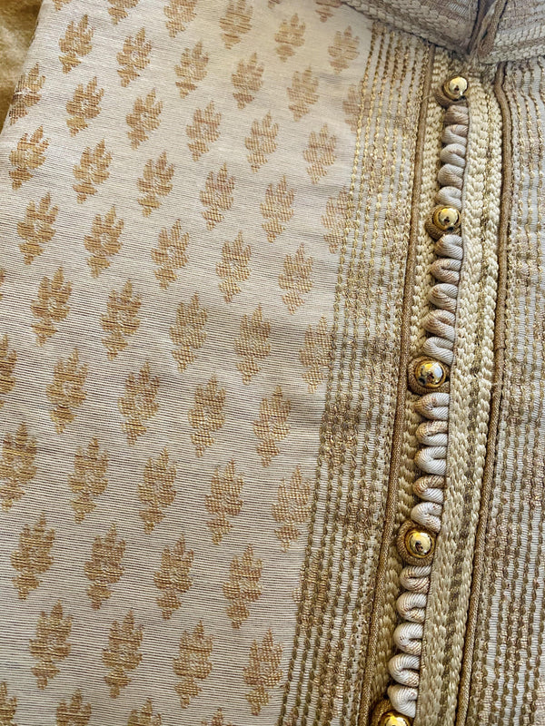 Silk Cream Gold Men Kurta Pajama with Weave Work | Mens Ethnic Wear | Indian Men Clothing USA | Kaash Collection - Kaash Collection