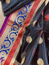 Black Semi Banarasi Silk Saree with Red Pallu | Banarasi Borders | Light Weight Saree | Handmade | Kaash Collection - Kaash Collection