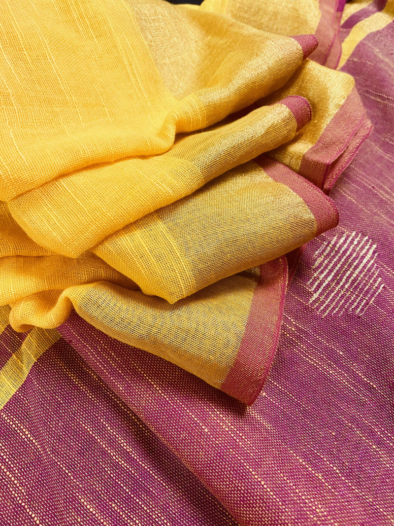 Beautiful Mustard Yellow with Pink Color Saree with Zari Borders | Pure Khaadi Handloom Saree | Kaash Collection - Kaash Collection