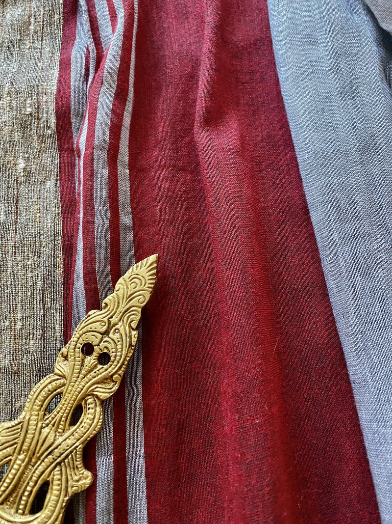 Grey & Maroon Linen Double Tone Saree with Ghicha Pallu | Kaash Collection - Kaash Collection
