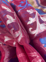 Rani Pink Bengali Jamdani Handmade Saree in Banarasi Silk with Zari Weave Work | Traditional Bengali Saree | | Kaash Collection - Kaash Collection