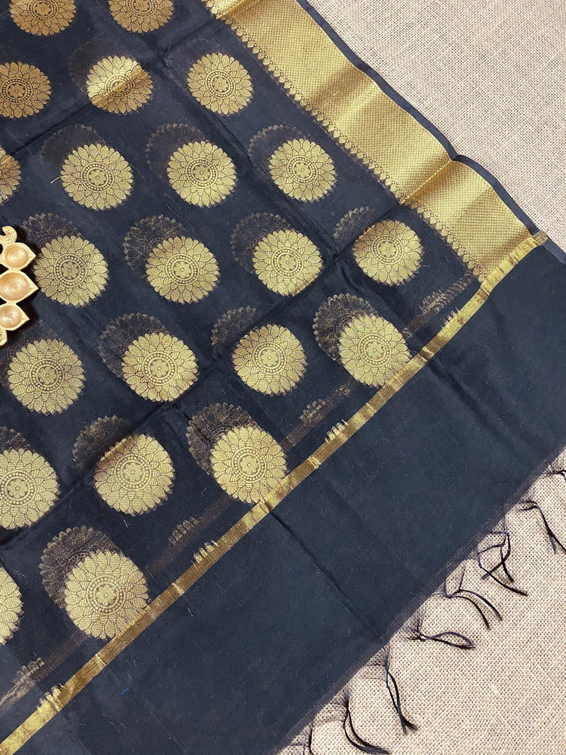 Black Semi Chanderi Silk Banarasi Handwoven Dupatta Zari Work - Kaash Collection