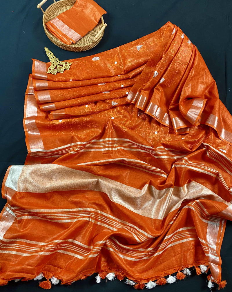Pure Linen By linen Dark Orange Embroidery Saree with Zari Borders | | Zari Work and Tassels | Linen Sarees | Kaash Collection - Kaash Collection