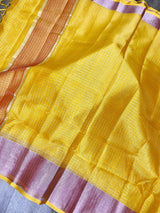 Light Weight Tissue Silk Yellow Color Saree with Zari Checks | Zari Work and Tassels | Kaash Collection - Kaash Collection