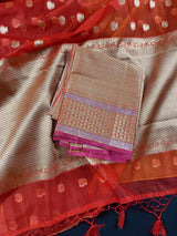 Yellow with red half and half Banarasi Kora Muslin Saree  | Zari Weaving | Banarasi Saree | Kaash Collection - Kaash Collection