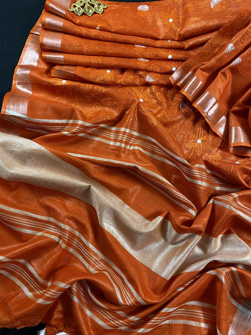 Pure Linen By linen Dark Orange Embroidery Saree with Zari Borders | | Zari Work and Tassels | Linen Sarees | Kaash Collection - Kaash Collection