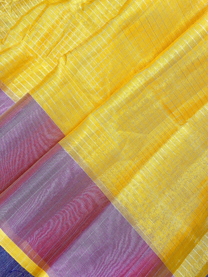 Light Weight Tissue Silk Yellow Color Saree with Zari Checks | Zari Work and Tassels | Kaash Collection - Kaash Collection