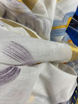 White HandPainted Cotton Saree | Zari Borders | Light Weight | Summer Saree | Kaash Collection - Kaash Collection