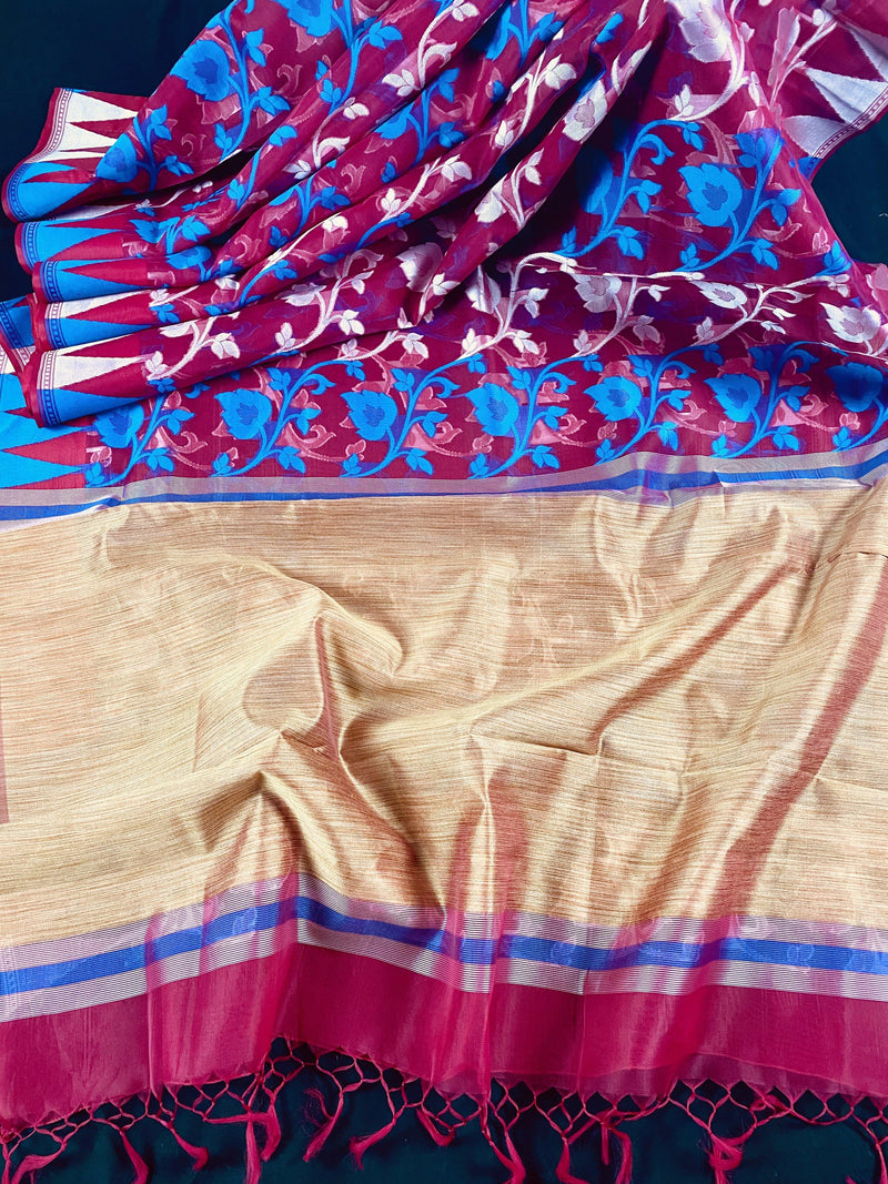 Rani Pink Bengali Jamdani Handmade Saree in Banarasi Silk with Zari Weave Work | Traditional Bengali Saree | | Kaash Collection - Kaash Collection