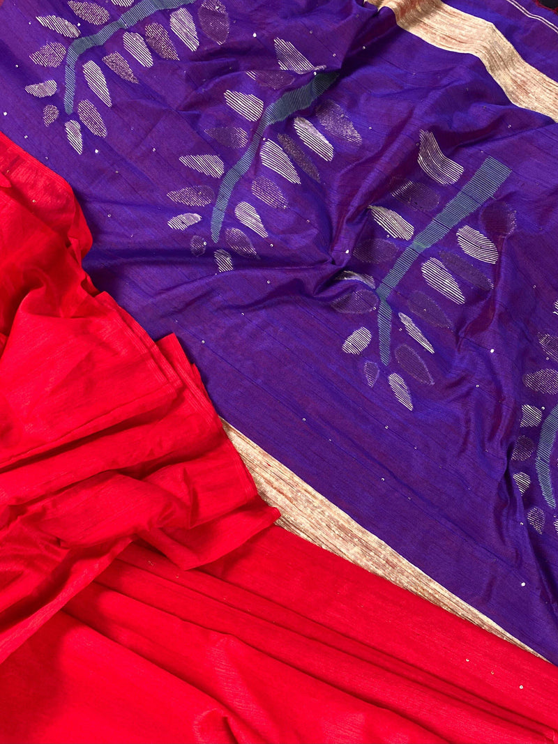 Red with Purple/Blue Color Handloom Saree with tiny Sequence Work and Thread Work | Handloom Sarees | Sequence Saree | Kaash Collection - Kaash Collection