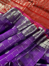 Pure Kanchi Kuppadam Pattu Saree in Eggplant Purple with red color combination in Sliver Zari Weaving | Big Border Saree | Kaash Collection - Kaash Collection