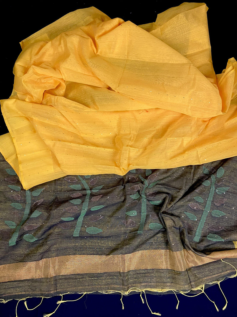 Yellow Mustard Handloom Cotton Silk Saree with Sequence, thread and Zari Work | Kaash Collection - Kaash Collection