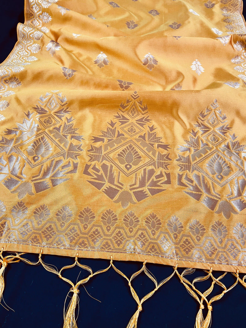 Yellow Silk Weaved Dupatta | Indian Dupatta | Stole | Scarf | Floral Dupatta | Gift For Her | Kaash Collection - Kaash Collection