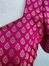 Hot Pink Readymade Blouse with small Gold Buttis in Pure Banarasi | Readymade Blouses | Hot Pink Blouse | Stitched Blouse | Kaash Collection - Kaash Collection